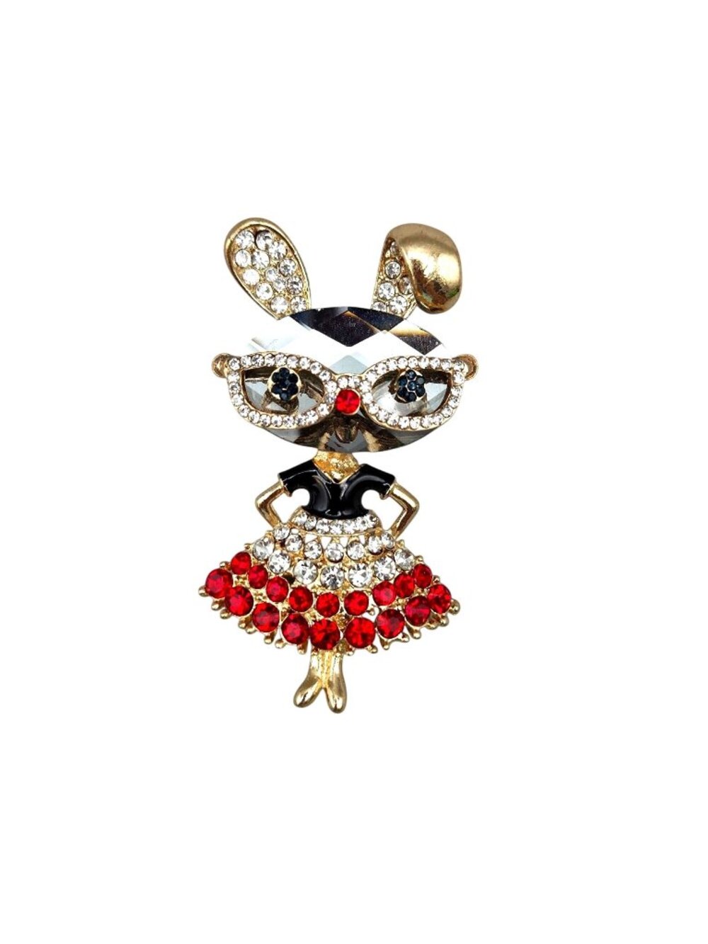 Wrappables Bunny Glasses Skirt Brooch Pin Rhinestones Enamel Gold Tone Finish